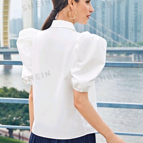 Puff Sleeve Half Button Bow Front Crop Top - Picture 3 of 8